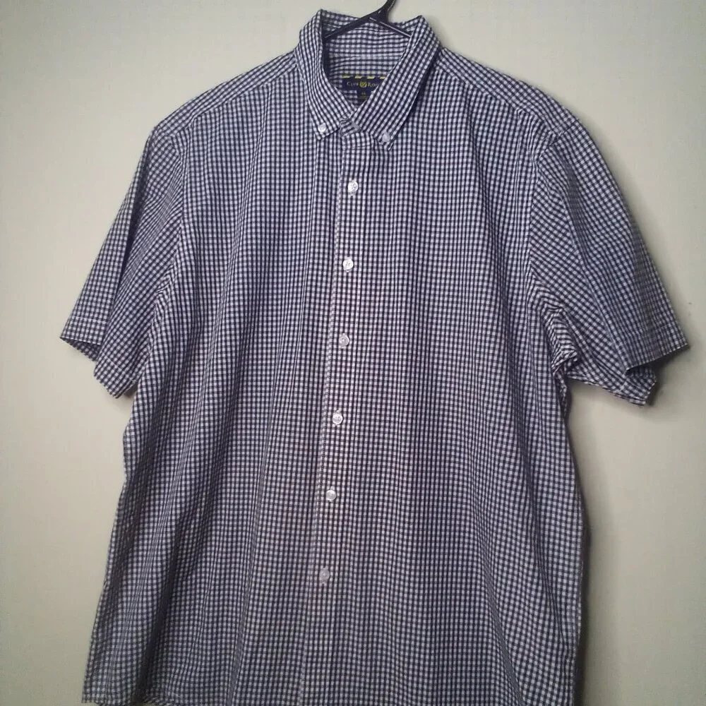 Club Room Shirt Men XL Button Down Short Sleeve Plaid Gingham Black White